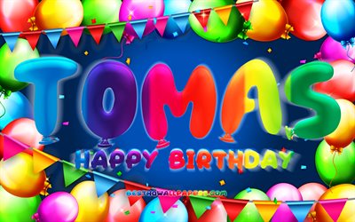 お誕生日おめでトーマス-, 4k, カラフルバルーンフレーム, トマス名, 青色の背景, トーマス-お誕生日おめで, トーマス-誕生日, 人気のポルトガル語は男性名, 誕生日プ, Tom