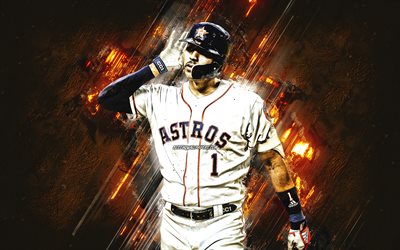 Carlos Correa, Astros de Houston, MLB, Portoricaine joueur de baseball, portrait, orange pierre fond, le baseball, Ligue Majeure de Baseball