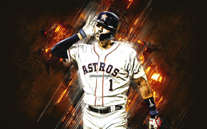 Carlos Correa, Houston Astros, MLB, Puerto Rican baseball player, portrait, orange stone background, baseball, Major League Baseball