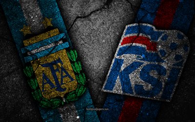 Argentiina vs Islanti, 4k, FIFA World Cup 2018, Ryhm&#228; D, logo, Ven&#228;j&#228; 2018, Soccer World Cup, Argentiina jalkapallo joukkue, Islannin jalkapallo joukkue, musta kivi, asfaltti rakenne