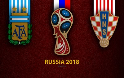 Argentiina vs Kroatia, 4k, Ryhm&#228; D, jalkapallo, 21 kes&#228;kuuta 2018, logot, 2018 FIFA World Cup, Ven&#228;j&#228; 2018, viininpunainen nahka rakenne, Ven&#228;j&#228; 2018 logo, cup, Kroatia, Argentiina, maajoukkueet, jalkapallo-ottelu