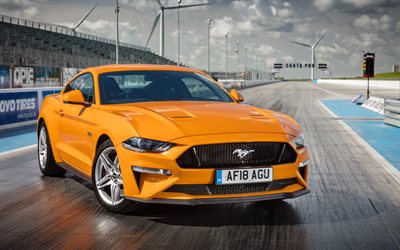 Ford Mustang GT Fastback, 4k, supercars, 2018 cars, yellow Mustang, Ford