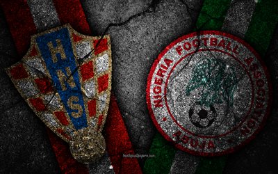 Kroatien vs Nigeria, 4k, FOTBOLLS-Vm 2018, Grupp D, logotyp, Ryssland 2018, Fotbolls-Vm, Kroatien i fotboll, Nigeria fotboll, svart sten, asfalt konsistens