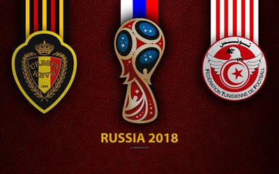 Belgium vs Tunisia, 4k, Group G, football, 23 June 2018, logos, 2018 FIFA World Cup, Russia 2018, burgundy leather texture, Russia 2018 logo, cup, Belgium, Tunisia, national teams, football match