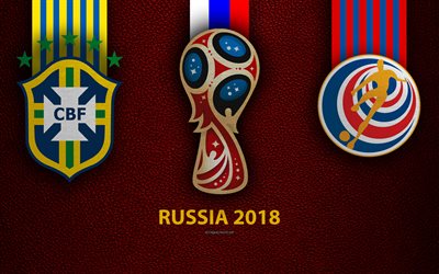 Brazil vs Costa Rica, 4k, Group E, football, 22 June 2018, logos, 2018 FIFA World Cup, Russia 2018, burgundy leather texture, Russia 2018 logo, cup, Brazil, Costa Rica, national teams, football match