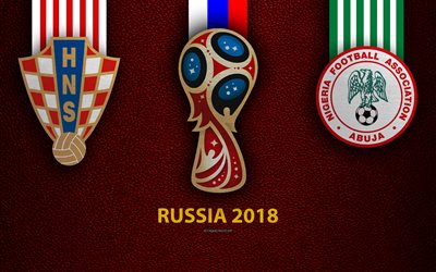 Kroatia vs Nigeria, 4k, Ryhm&#228; D, jalkapallo, 16 kes&#228;kuuta 2018, logot, 2018 FIFA World Cup, Ven&#228;j&#228; 2018, viininpunainen nahka rakenne, Ven&#228;j&#228; 2018 logo, cup, Kroatia, Nigeria, maajoukkueet, jalkapallo-ottelu