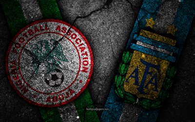 Nigeria vs Argentina, 4k, FOTBOLLS-Vm 2018, Grupp D, logotyp, Ryssland 2018, Fotbolls-Vm, Argentina i fotboll, Nigeria fotboll, svart sten, asfalt konsistens