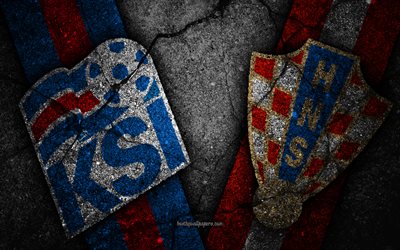 Island vs Kroatien, 4k, FOTBOLLS-Vm 2018, Grupp D, logotyp, Ryssland 2018, Fotbolls-Vm, Kroatien i fotboll, Island i fotboll, svart sten, asfalt konsistens