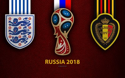 Inghilterra vs Belgio, 4k, Gruppo G, il calcio, il 28 giugno 2018, i loghi, la Coppa del Mondo FIFA 2018, la Russia 2018, in pelle bordeaux texture, Russia 2018 logo, coppa, Inghilterra, Belgio, squadre nazionali, partita di calcio