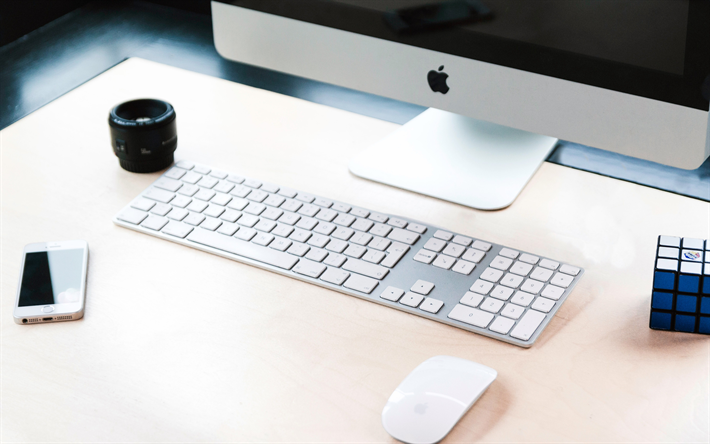 Apple iMac Pro, 4k, smartphone, keyboard, workplace, Apple
