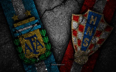 Argentina vs Kroatien, 4k, FOTBOLLS-Vm 2018, Grupp D, logotyp, Ryssland 2018, Fotbolls-Vm, Argentina i fotboll, Kroatien i fotboll, svart sten, asfalt konsistens
