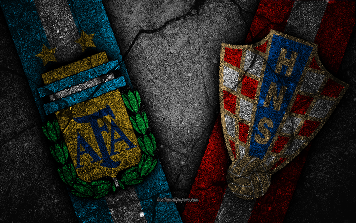 Argentina vs Croatia, 4k, FIFA World Cup 2018, Group D, logo, Russia 2018, Soccer World Cup, Argentina football team, Croatia football team, black stone, asphalt texture