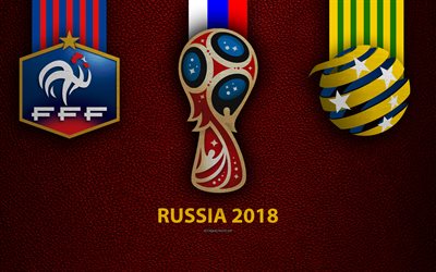 France vs Australia, 4k, Group C, football, 16 June 2018, logos, 2018 FIFA World Cup, Russia 2018, burgundy leather texture, Russia 2018 logo, cup, France, Australia, national teams, football match