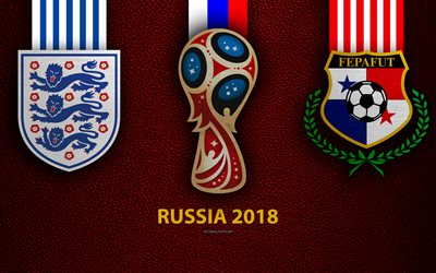 England vs Panama, 4k, Group G, football, 24 Jun 2018, logos, 2018 FIFA World Cup, Russia 2018, burgundy leather texture, Russia 2018 logo, cup, England, Panama, national teams, football match