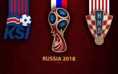 Iceland vs Croatia, 4k, Group D, football, logos, 2018 FIFA World Cup, Russia 2018, burgundy leather texture, Russia 2018 logo, cup, Iceland, Croatia, national teams, football match