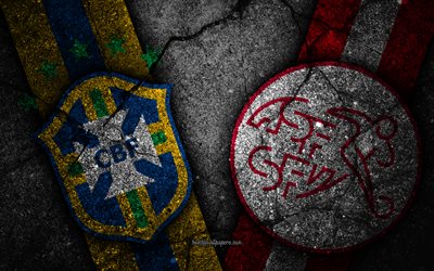 Brazil vs Switzerland, 4k, FIFA World Cup 2018, Group E, logo, Russia 2018, Soccer World Cup, Brazil football team, Switzerland football team, black stone, asphalt texture