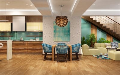 dining room, modern stylish interior design, kitchen, creative chandelier, wooden blue chairs, wooden glossy panels, apartment