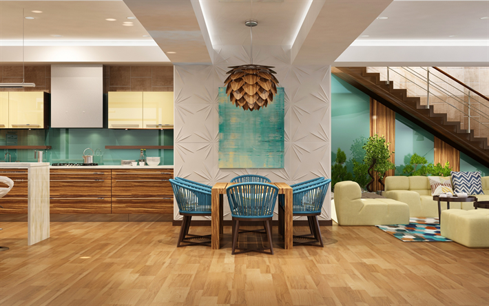 sala de jantar, moderno design interior elegante, cozinha, criativo lustre, de madeira cadeiras azuis, de madeira brilhante pain&#233;is, apartamento