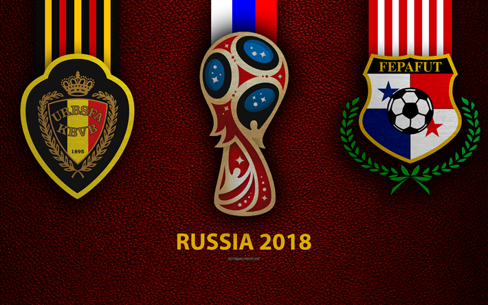 Belgique vs Panama, 4k, le Groupe G, le football, le 18 juin 2018, logos, 2018 la Coupe du Monde FIFA, Russie 2018, en cuir bordeaux de la texture, de la Russie 2018 logo, la coupe, la Belgique, le Panama, les &#233;quipes nationales, match de football