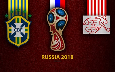 Brazil vs Switzerland, 4k, Group E, football, June 17, logos, 2018 FIFA World Cup, Russia 2018, burgundy leather texture, Russia 2018 logo, cup, Brazil, Switzerland, national teams, football match