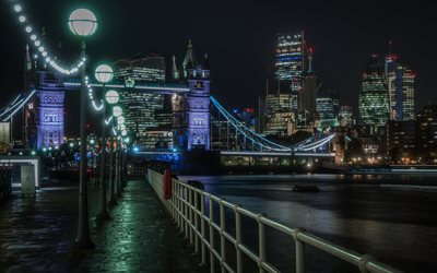 Tower Bridge, London, evening, city lights, Thames, England, UK