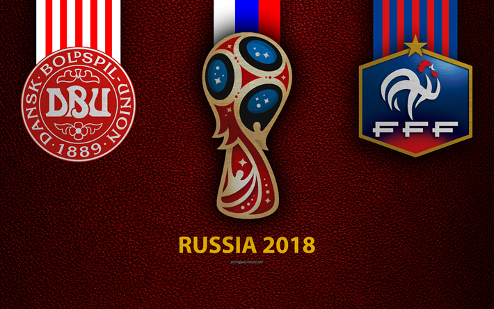 Le danemark vs France, 4k, Groupe C, le football, le 26 Juin 2018, logos, 2018 la Coupe du Monde FIFA, Russie 2018, en cuir bordeaux de la texture, de la Russie 2018 logo, la coupe, le Danemark, la France, les &#233;quipes nationales, match de football