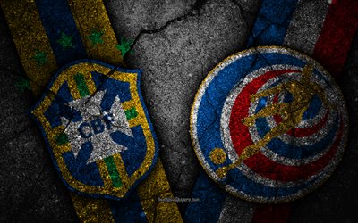 Brasil vs Costa Rica, 4k, Copa Mundial de la FIFA 2018, el Grupo E, el logo de Rusia 2018, la Copa Mundial de F&#250;tbol, equipo de f&#250;tbol de Brasil, Costa Rica equipo de f&#250;tbol, negro, piedra, asfalto textura