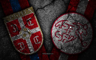 Serbia vs Svizzera, 4k, Coppa del Mondo FIFA 2018, Gruppo E, il logo, la Russia 2018, Coppa del Mondo di Calcio, Serbia, squadra di calcio, Svizzera, nero, pietra, asfalto texture