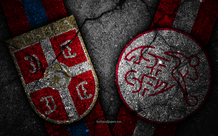 Serbien vs Schweiz, 4k, FOTBOLLS-Vm 2018, Grupp E, logotyp, Ryssland 2018, Fotbolls-Vm, Serbien fotboll, Schweiz fotboll, svart sten, asfalt konsistens