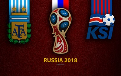 Arjantin, İzlanda, 4k, Grup D, futbol, 16 Haziran 2018, logolar, 2018 FIFA D&#252;nya Kupası, 2018 Rusya, bordo deri dokusu, Rusya 2018 logosu Kupası, Milli Takım, futbol ma&#231;ı