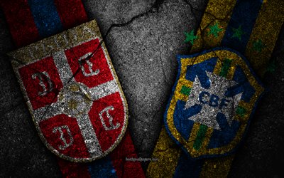 Serbia vs Brasil, 4k, Copa Mundial de la FIFA 2018, el Grupo E, el logo de Rusia 2018, la Copa Mundial de F&#250;tbol, equipo de f&#250;tbol de Serbia, Brasil equipo de f&#250;tbol, negro, piedra, asfalto textura