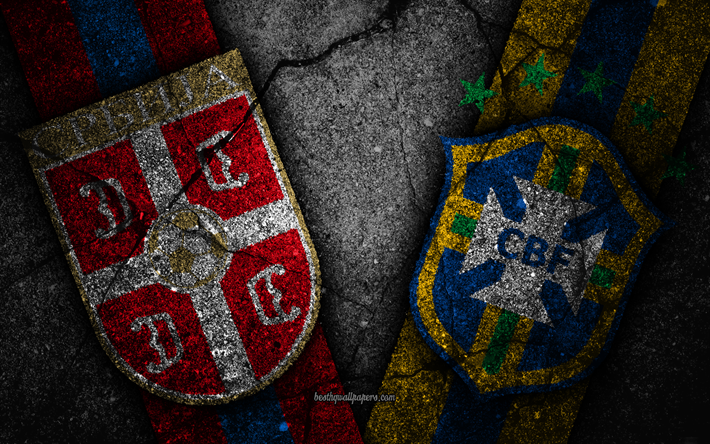 Serbia vs Brazil, 4k, FIFA World Cup 2018, Group E, logo, Russia 2018, Soccer World Cup, Serbia football team, Brazil football team, black stone, asphalt texture