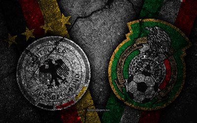 Tyskland vs Mexico, 4k, FOTBOLLS-Vm 2018, Grupp F, logotyp, Ryssland 2018, Fotbolls-Vm, Mexiko fotboll, Tyskland i fotboll, svart sten, asfalt konsistens