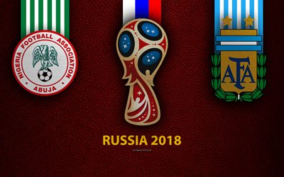 Nijerya Arjantin, 4k, Grup D, futbol, 26 Haziran 2018, logolar, 2018 FIFA D&#252;nya Kupası, 2018 Rusya, bordo deri dokusu, Rusya 2018 logosu Kupası, Nijerya, Arjantin, Milli Takım, futbol ma&#231;ı