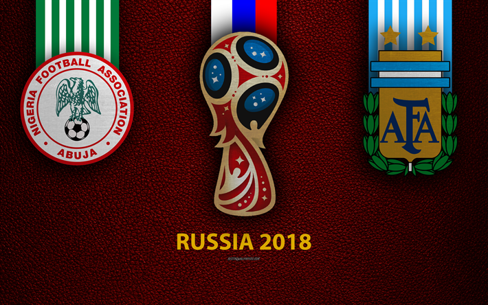 Nigeria vs Argentina, 4k, Grupo D, de f&#250;tbol, de 26 de junio de 2018, logotipos, 2018 Copa Mundial de la FIFA Rusia 2018, borgo&#241;a textura de cuero, Rusia 2018 logotipo, taza, Nigeria, Argentina, los equipos nacionales, partido de f&#250;tbol