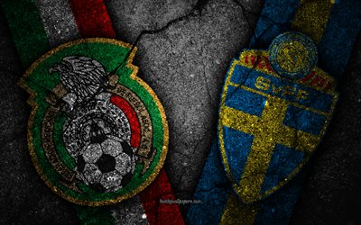 Mexico vs Sverige, 4k, FOTBOLLS-Vm 2018, Grupp F, logotyp, Ryssland 2018, Fotbolls-Vm, Mexiko fotboll, Sverige i fotboll, svart sten, asfalt konsistens