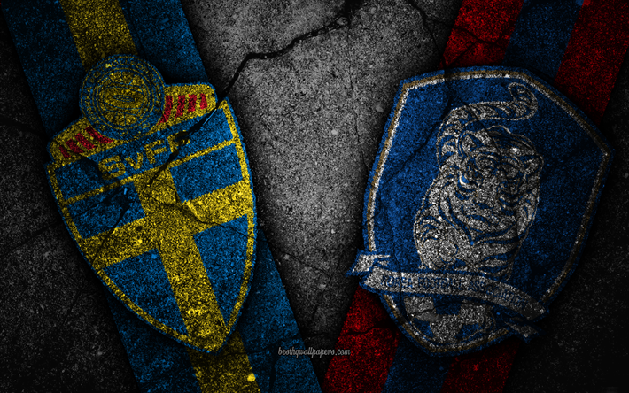 Sverige vs Sydkorea, 4k, FOTBOLLS-Vm 2018, Grupp F, logotyp, Ryssland 2018, Fotbolls-Vm, Sydkorea fotboll, Sverige i fotboll, svart sten, asfalt konsistens