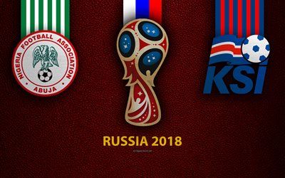 Nigeria vs Iceland, 4k, Group D, football, 22 June 2018, logos, 2018 FIFA World Cup, Russia 2018, burgundy leather texture, Russia 2018 logo, cup, Nigeria, Iceland, national teams, football match