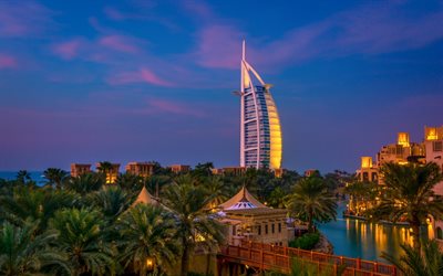 برج العرب, دبي, غروب الشمس, مساء, فندق فخم, أشجار النخيل, الإمارات العربية المتحدة