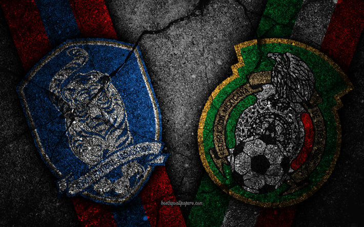 Coreia do sul vs M&#233;xico, 4k, Copa do Mundo da FIFA de 2018, Grupo F, logo, A r&#250;ssia 2018, Copa Do Mundo De Futebol, A Coreia do sul de time de futebol, Equipe de futebol do m&#233;xico, pedra preta, a textura do asfalto