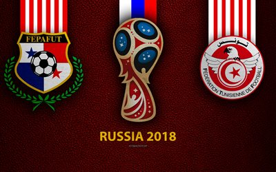Panama vs Tunisia, 4k, Group G, football, 28 June 2018, logos, 2018 FIFA World Cup, Russia 2018, burgundy leather texture, Russia 2018 logo, cup, Tunisia, Panama, national teams, football match