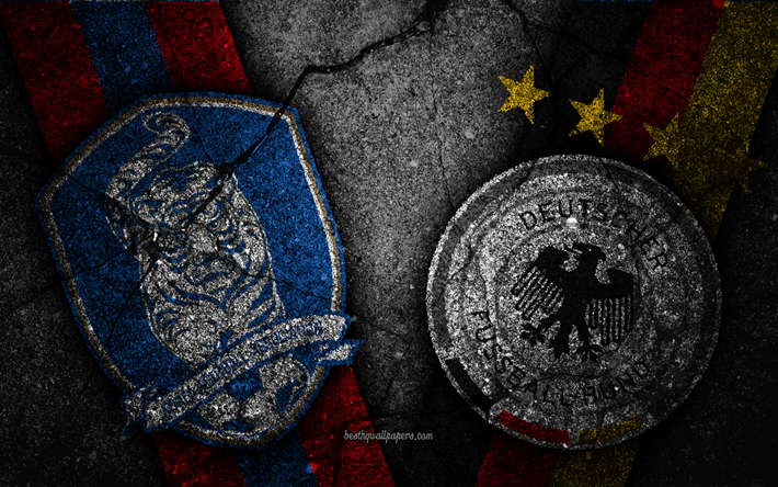 South Korea vs Germany, 4k, FIFA World Cup 2018, Group F, logo, Russia 2018, Soccer World Cup, South Korea football team, Germany football team, black stone, asphalt texture