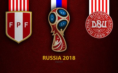 ペルー vsデンマーク, 4k, グループC, サッカー, 16月2018年, ロゴ, 2018年のFIFAワールドカップ, ロシア2018年, ブルゴーニュの革の質感, ロシア2018年までのロゴ, カップ, ペルー, デンマーク, 国立チーム, サッカーの試合