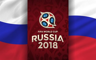روسيا 2018, 4k, علم روسيا, كأس العالم روسيا 2018, كأس العالم لكرة القدم عام 2018, شعار, العلم الروسي, كرة القدم, الفيفا, الإبداعية