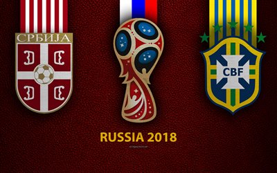 Serbia vs Brasil, 4k, Grupo E, de f&#250;tbol, de 27 de junio de 2018, logotipos, 2018 Copa Mundial de la FIFA Rusia 2018, borgo&#241;a textura de cuero, Rusia 2018 logotipo de la copa, Brasil, Serbia, equipos nacionales, partido de f&#250;tbol