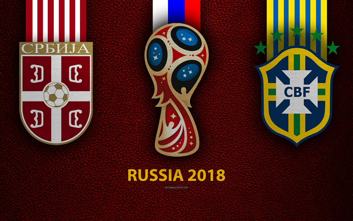 Serbia vs Brasilia, 4k, Ryhm&#228; E, jalkapallo, 27 kes&#228;kuuta 2018, logot, 2018 FIFA World Cup, Ven&#228;j&#228; 2018, viininpunainen nahka rakenne, Ven&#228;j&#228; 2018 logo, cup, Brasilia, Serbia, maajoukkueet, jalkapallo-ottelu