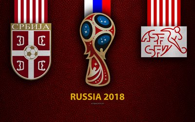 Serbia vs Suiza, 4k, Grupo E, de f&#250;tbol, de 22 de junio de 2018, logotipos, 2018 Copa Mundial de la FIFA Rusia 2018, borgo&#241;a textura de cuero, Rusia 2018 logotipo, taza, Suiza, Serbia, equipos nacionales, partido de f&#250;tbol