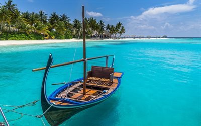 Tropical island, boat, Maldives, beach, summer, vacation