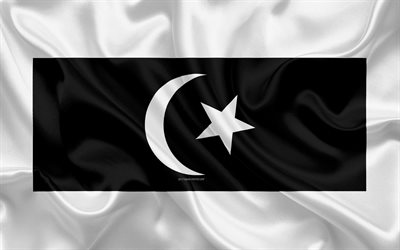 Bandera de Terengganu, seda textura, los s&#237;mbolos nacionales, blanco de seda negro de la bandera, los Estados de Malasia, escudo de armas, Terengganu, Malasia, Asia