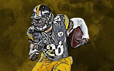 LeVeon Bell, 4k, grunge art, American football, Pittsburgh Steelers, NFL, creative art, yellow grunge background, National Football League, USA